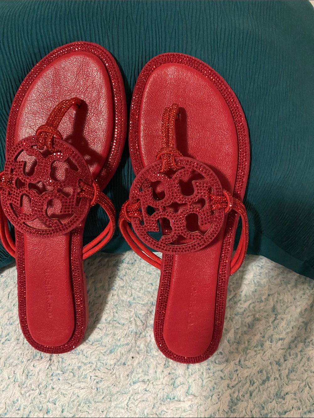 Tory Burch Red Leather Logo Toe-Post Sandals